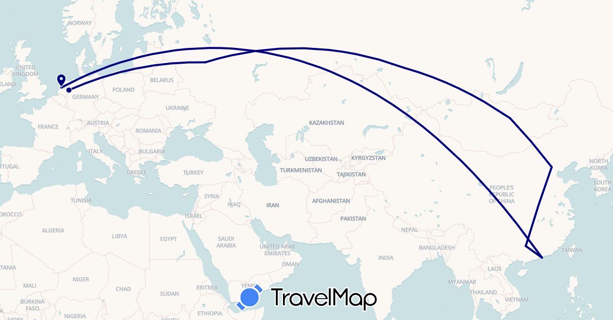 TravelMap itinerary: driving in China, Mongolia, Netherlands, Russia (Asia, Europe)